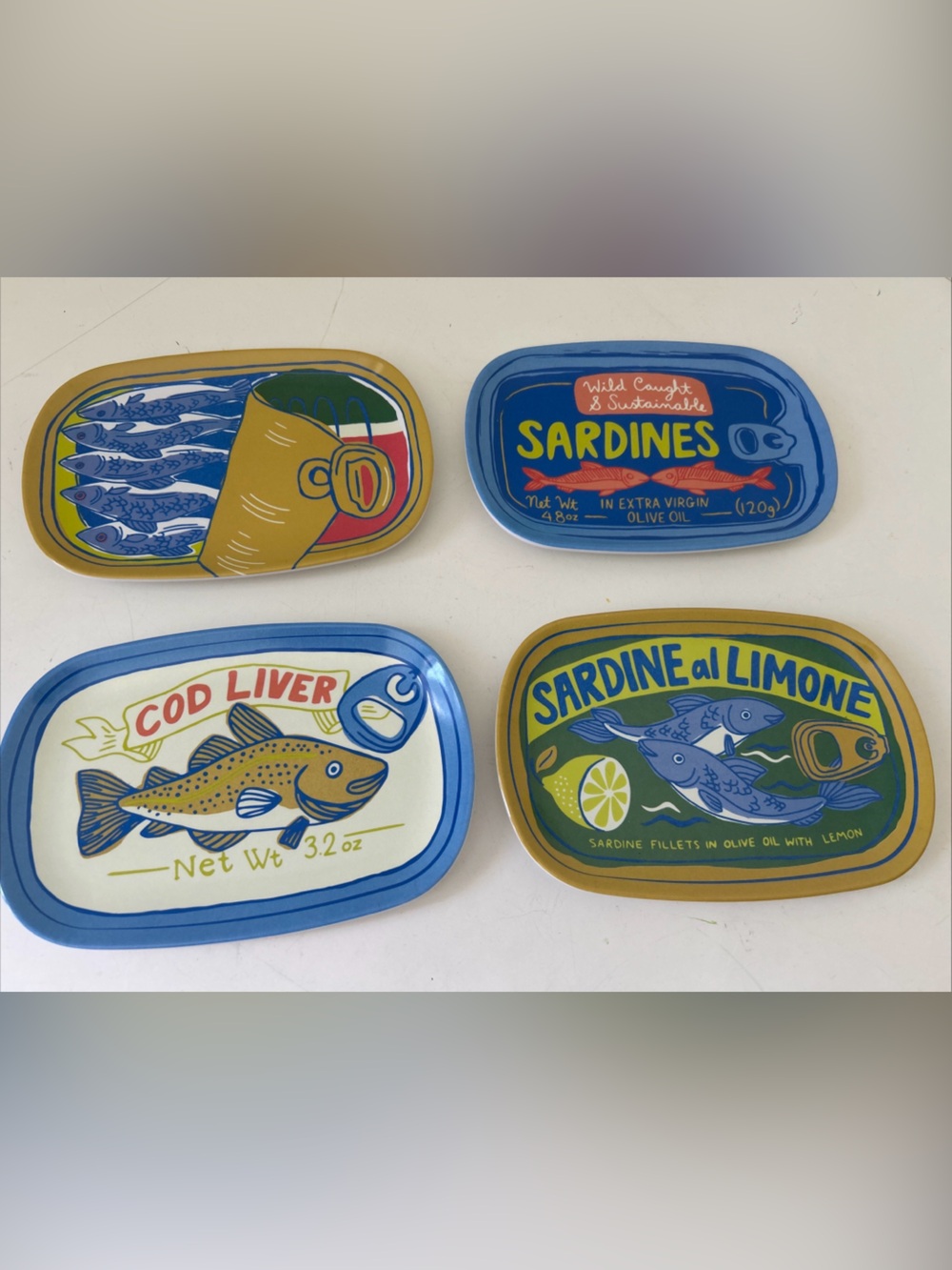 Set of 4 Vintage-Style Sardine & Fish Appetizer Trays Coastal Life Melamine NEW
